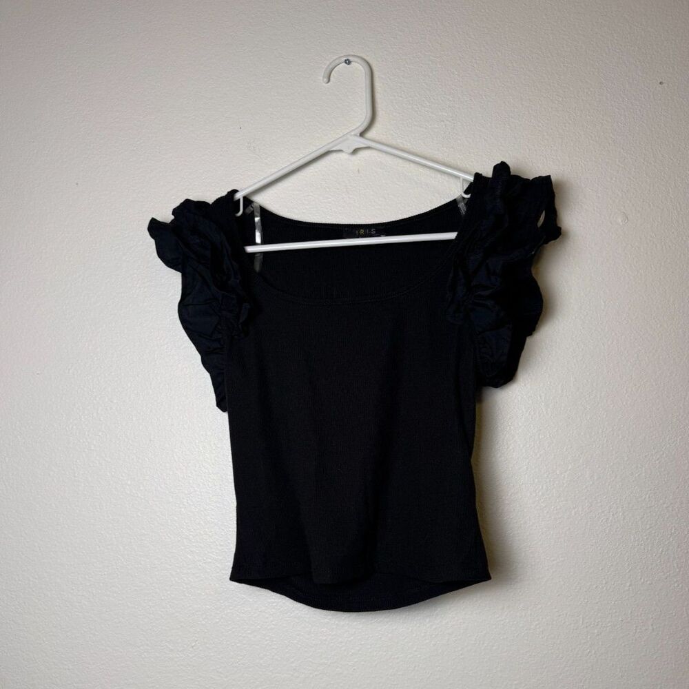 Iris Womens L Black Ribbed Crop Top Ruffle Puff Sleeve Stretch Casual Blouse